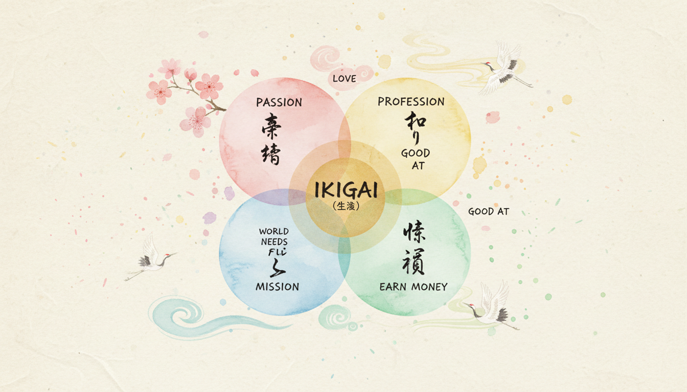 Ikigai konceptas - keturi persidengiantys elementai