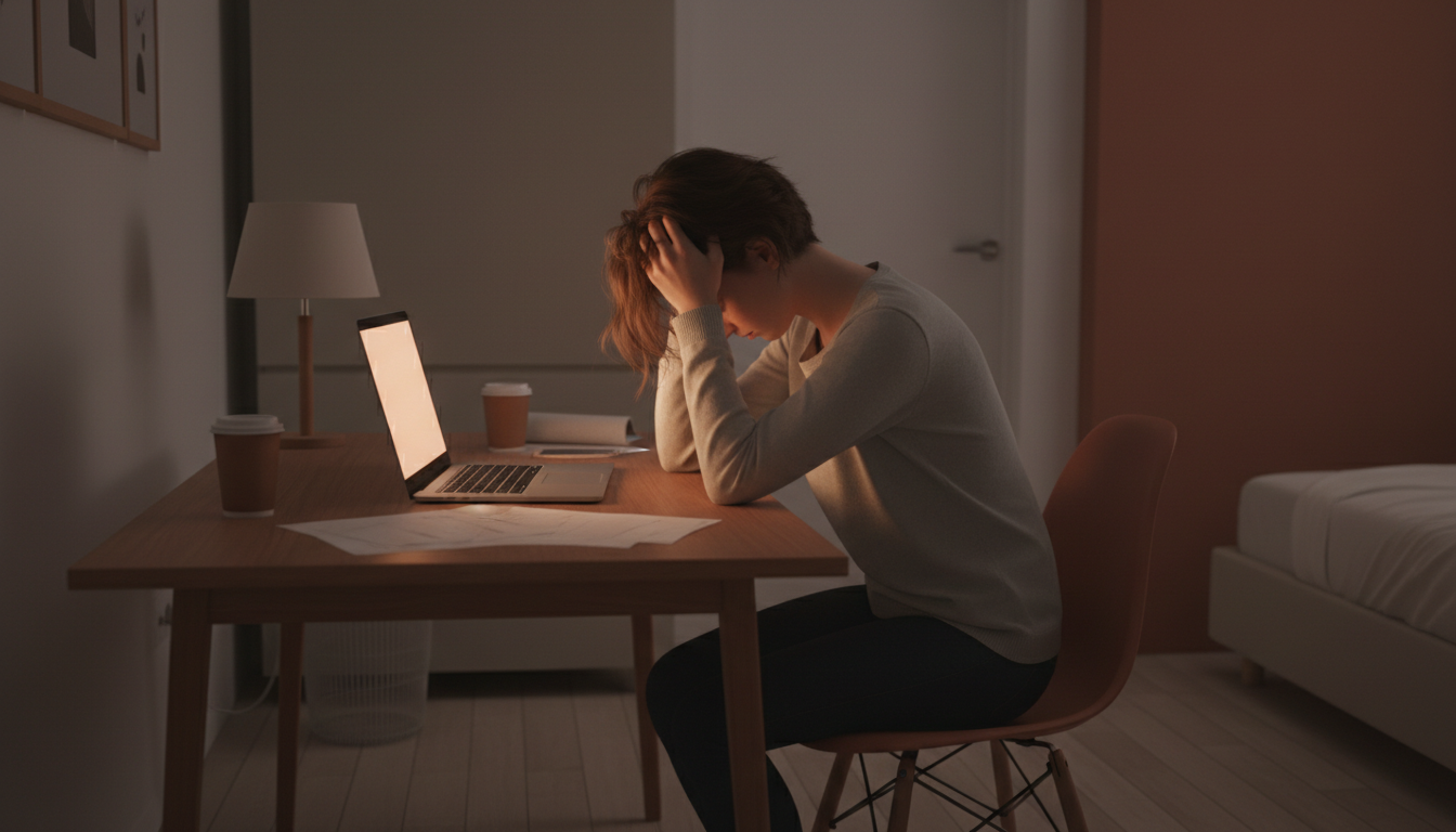 Perdegimas: išsekusi moteris prie darbo stalo