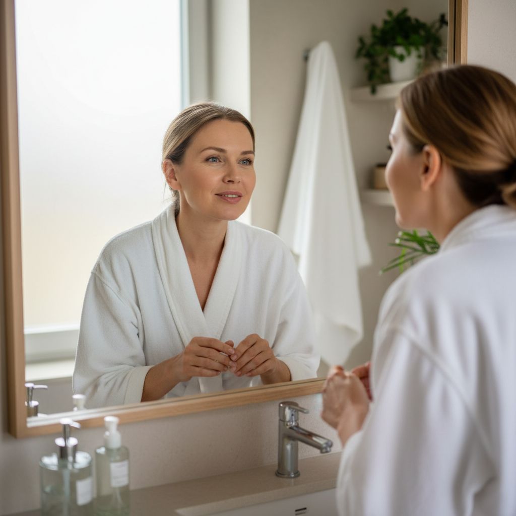 Afirmacijos - moteris žiūri į veidrodį su meile ir priėmimu