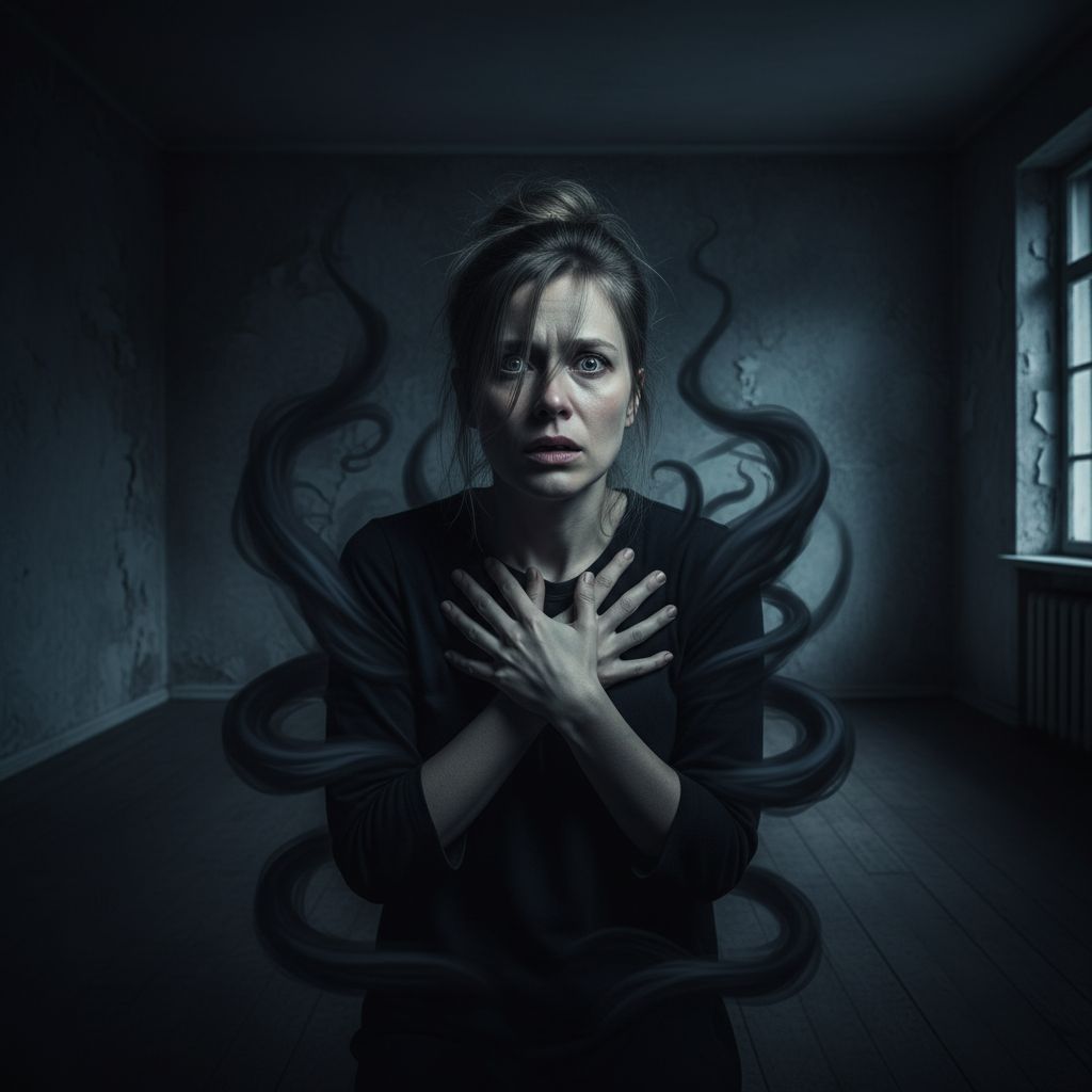 Baimės įveikimas - moteris drąsiai žengia į priekį iš tamsos į šviesą