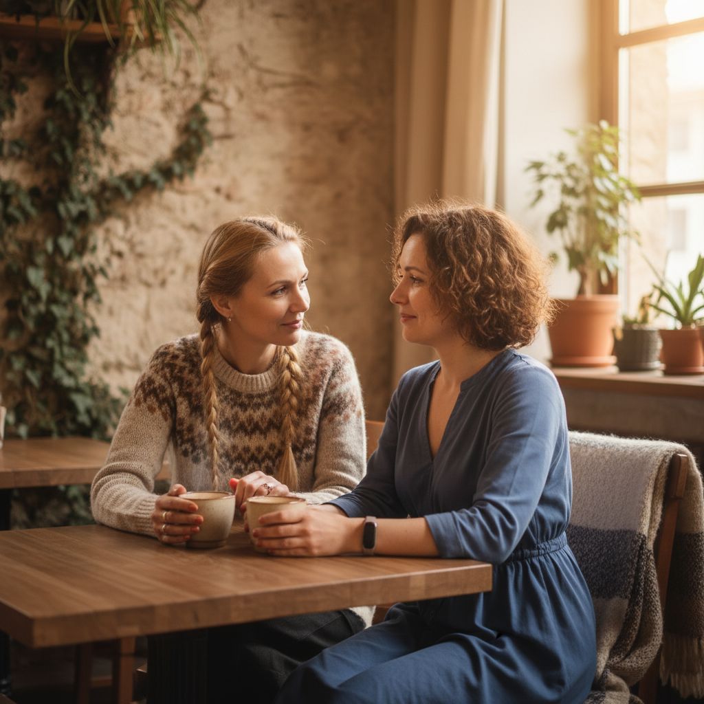 Depresijos palaikymas - dvi moterys kalbasi prie arbatos, bendruomenės palaikymas