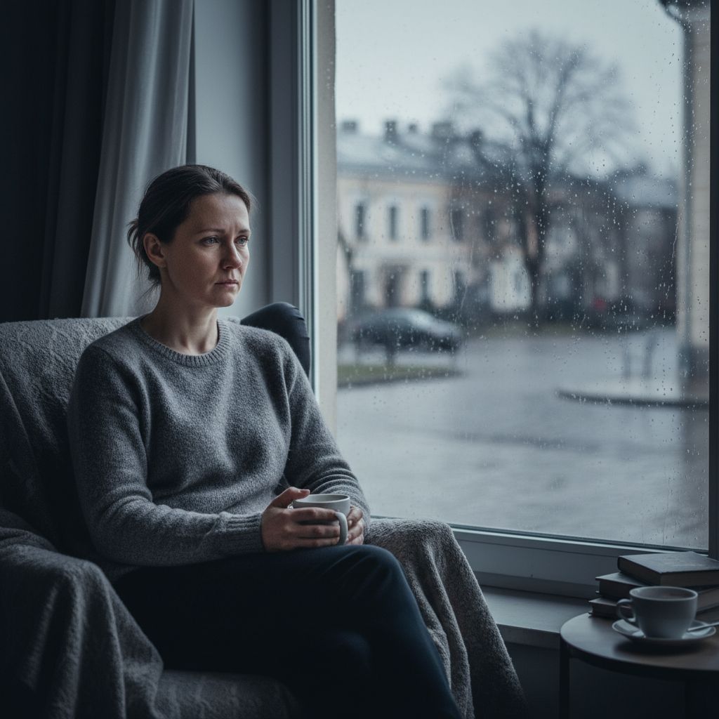 Depresijos simptomai - moteris jaučia vienatvę ir liūdesį namuose