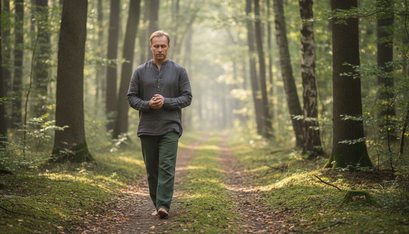 Mindfulness gamtoje - moteris kvėpuoja sąmoningai miške