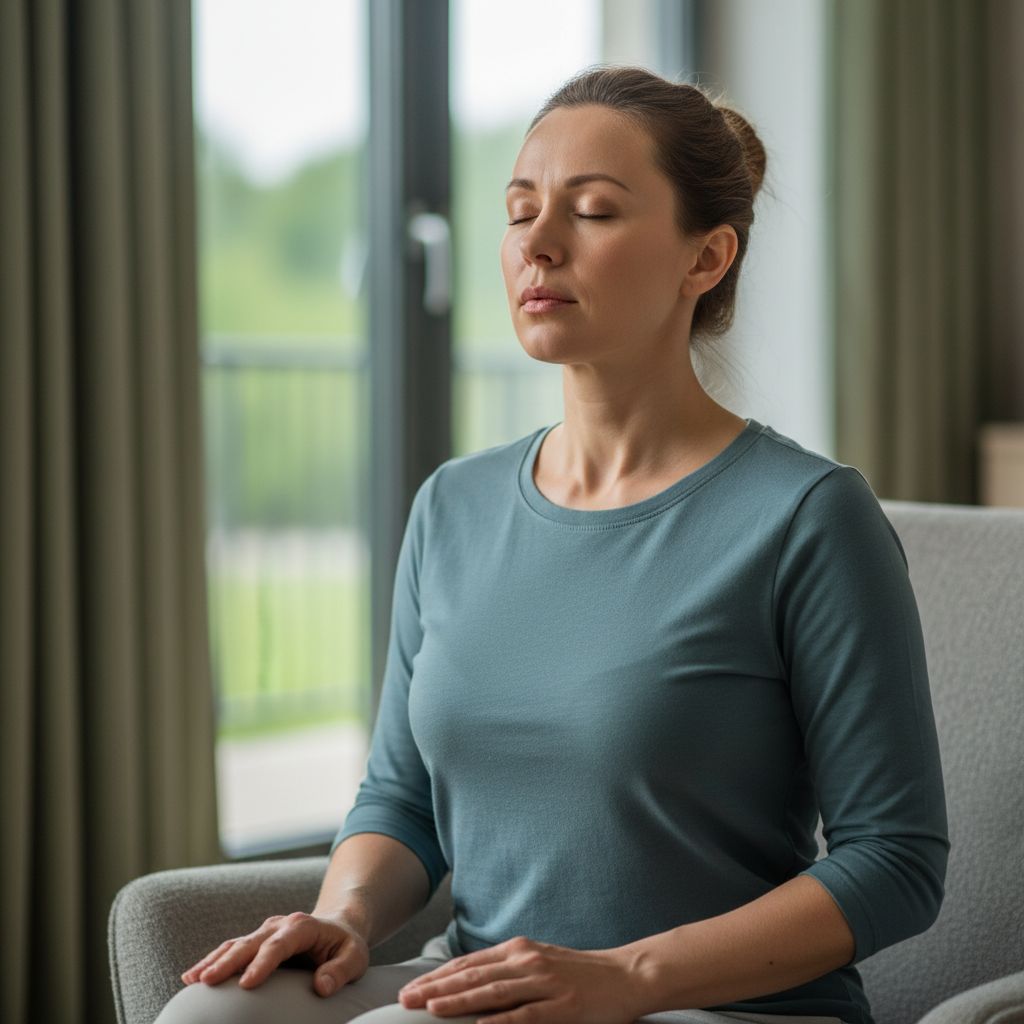 Panikos atakos kvėpavimo technika - moteris praktikuoja gilų kvėpavimą