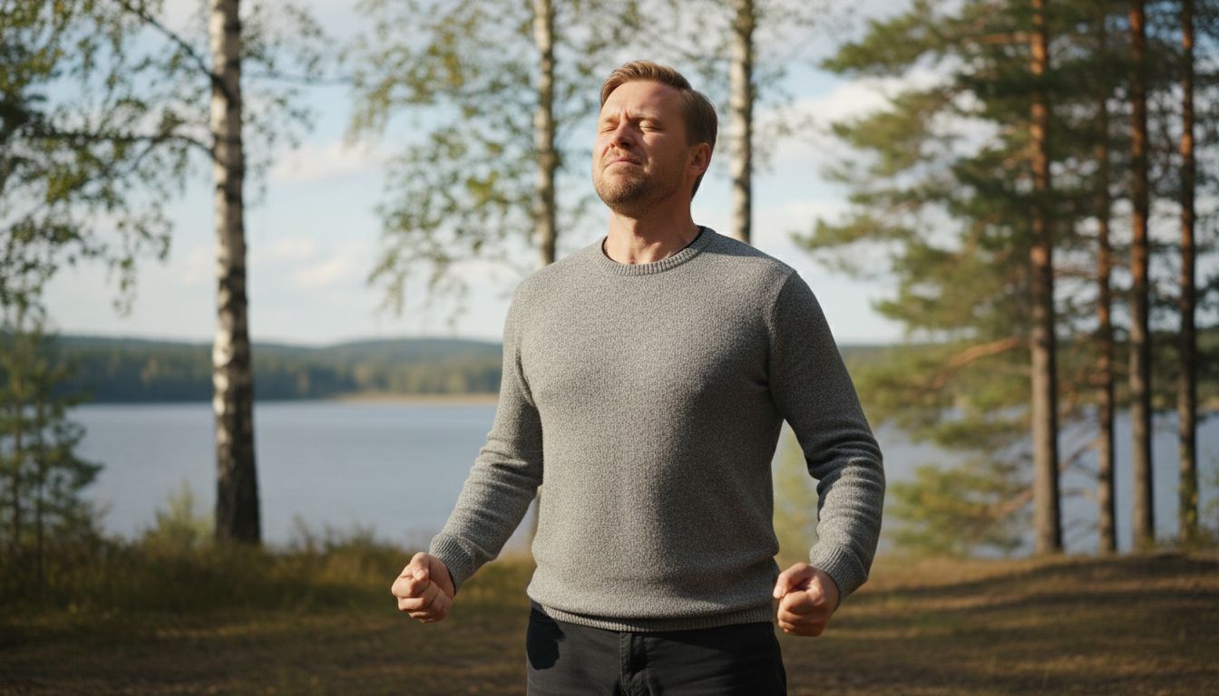 Pykčio valdymas per kvėpavimą - vyras giliai kvėpuoja ir ramina save