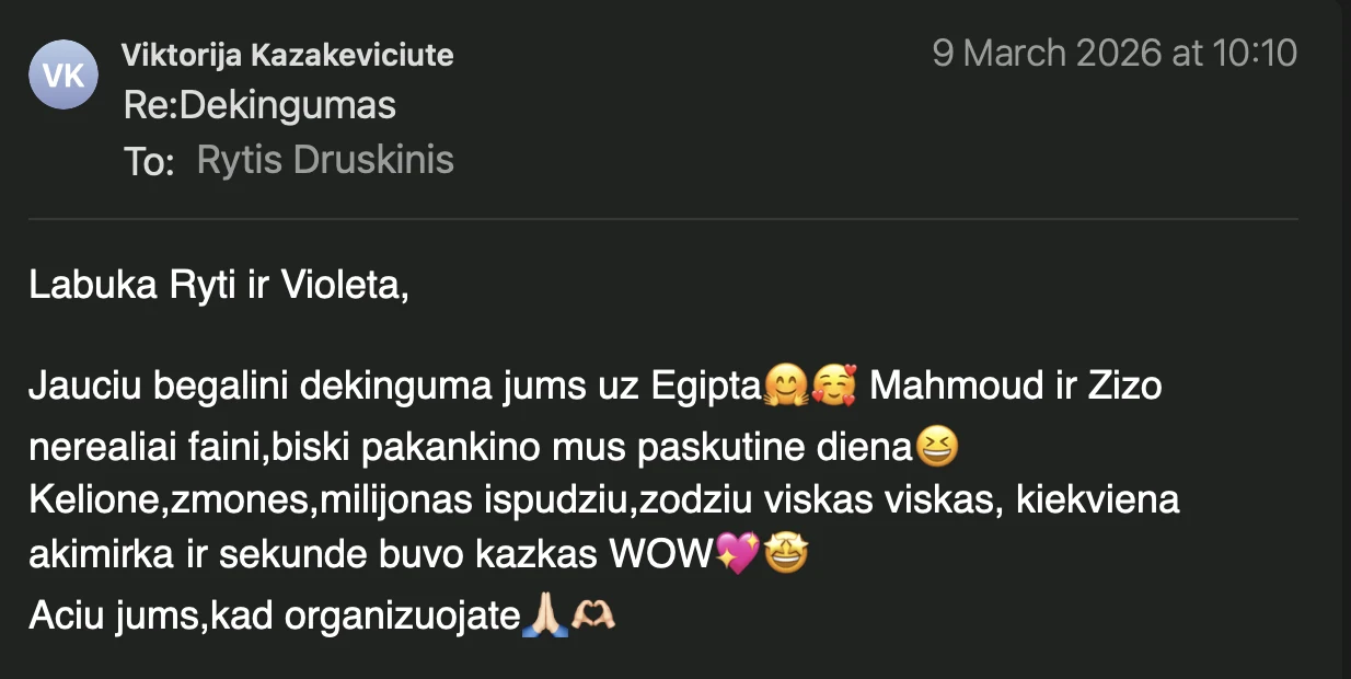Tikras dalyvės laiškas po kelionės į Egiptą – padėka Ryčiui ir Violetai