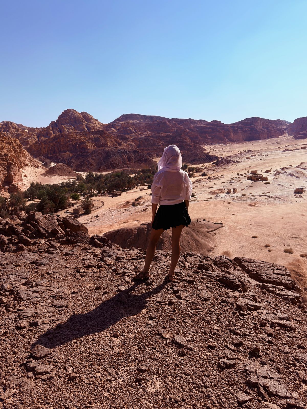 Egipto kelionė – keliautoja žvelgia į oazę ir Sinajaus kalnus nuo uolos