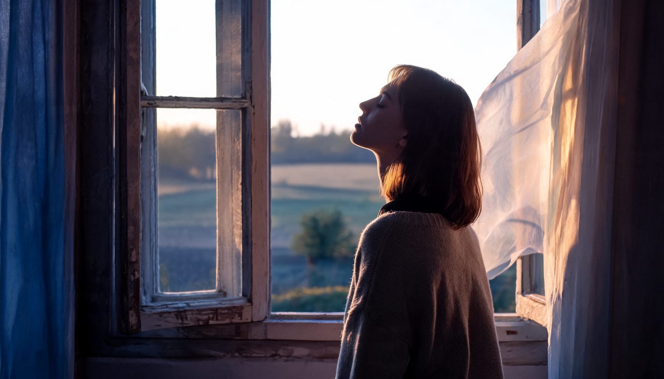Emocijų paleidimas per kūną – moteris ramiai iškvepia prie atviro lango ryto šviesoje