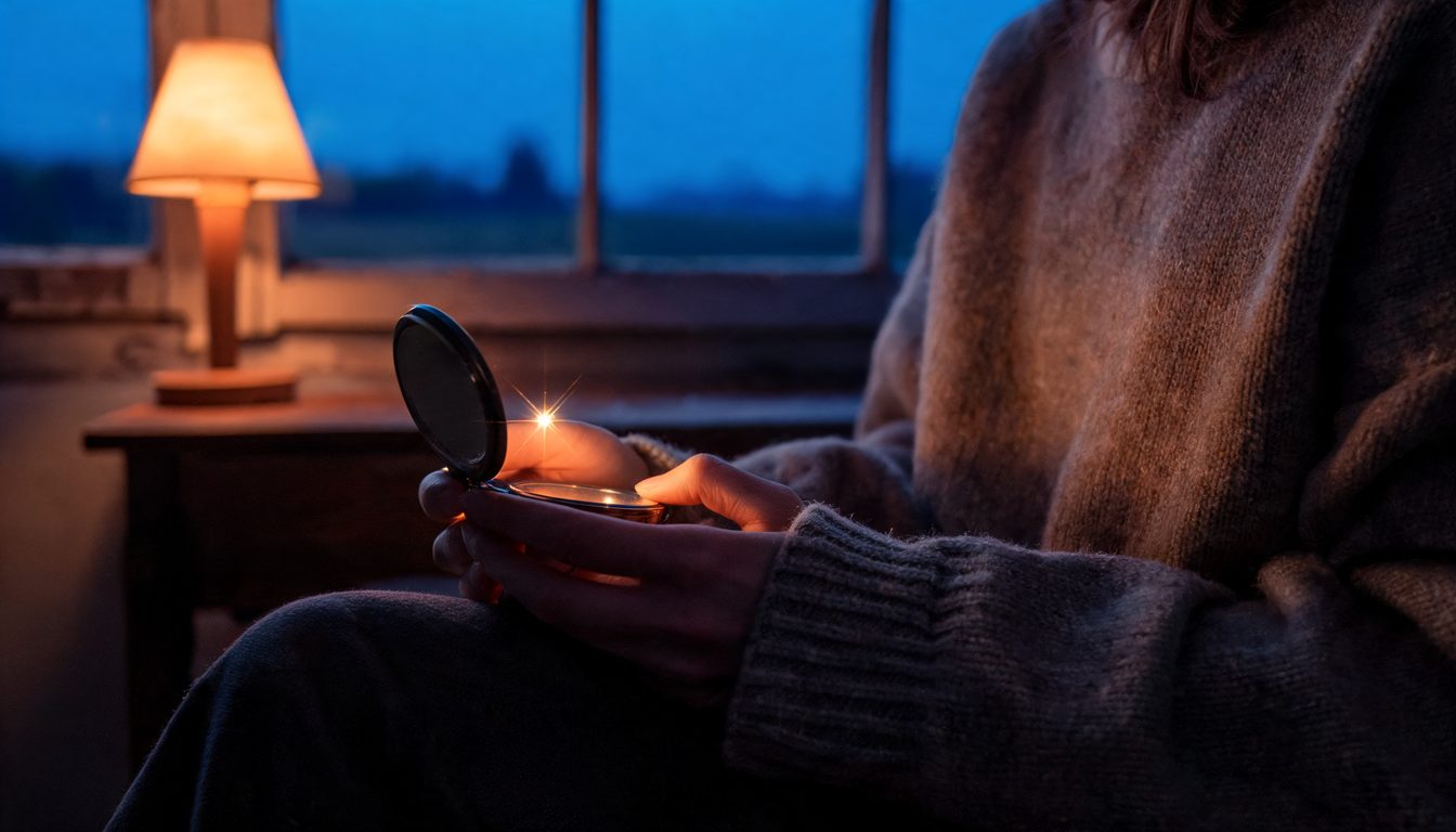 Savivertės testas – rankos laiko mažą veidrodėlį su aukso šviesos atspindžiu