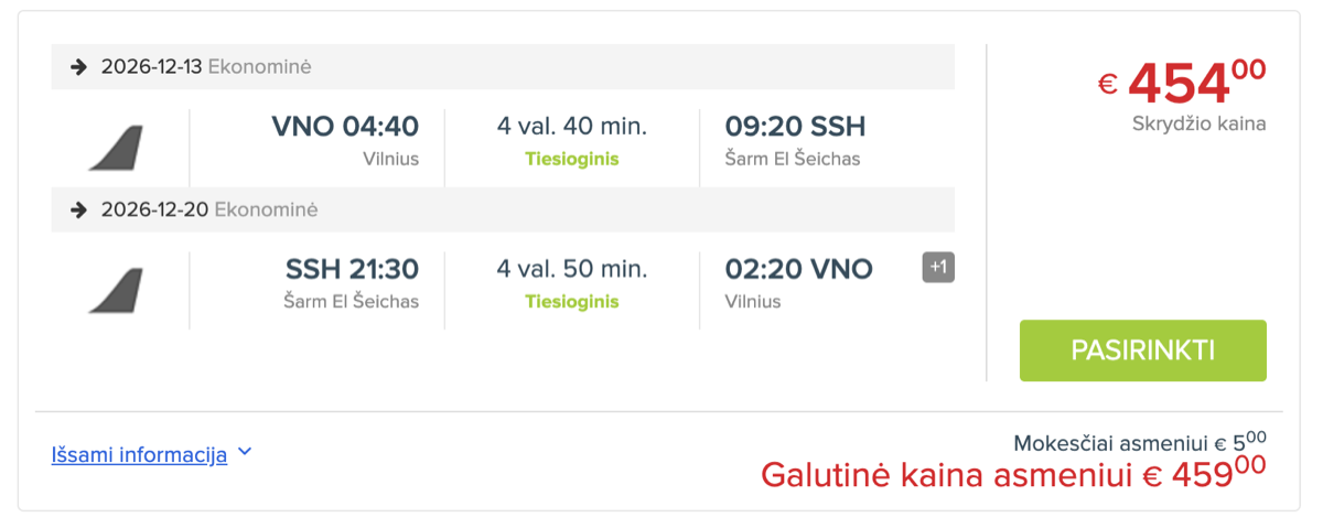 Skrydžio bilietai į Egiptą – Vilnius–Šarm el Šeichas gruodžio 13–20