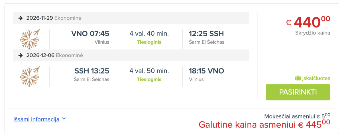 Skrydžio bilietai į Egiptą – Vilnius–Šarm el Šeichas lapkričio 29 – gruodžio 6
