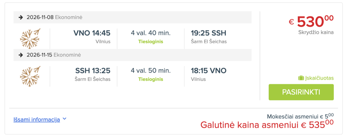 Skrydžio bilietai į Egiptą – Vilnius–Šarm el Šeichas lapkričio 8–15