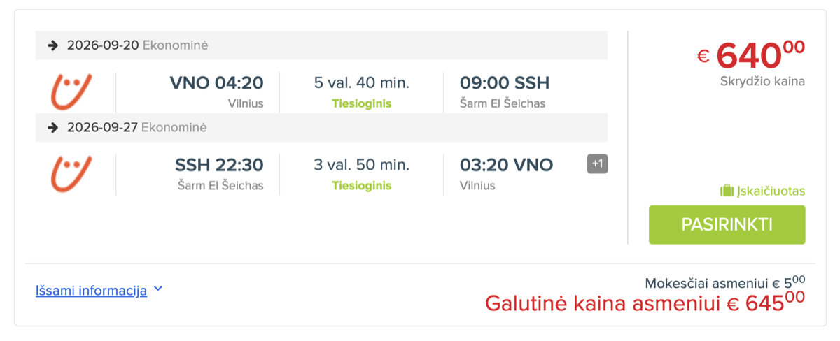 Skrydžio bilietai į Egiptą – Vilnius–Šarm el Šeichas rugsėjo 20–27