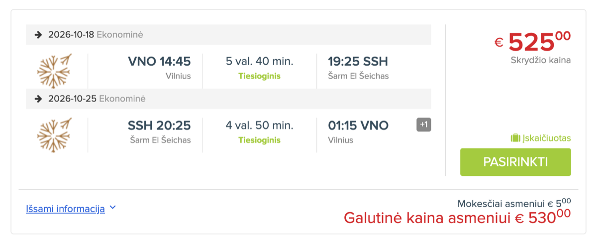 Skrydžio bilietai į Egiptą – Vilnius–Šarm el Šeichas spalio 18–25