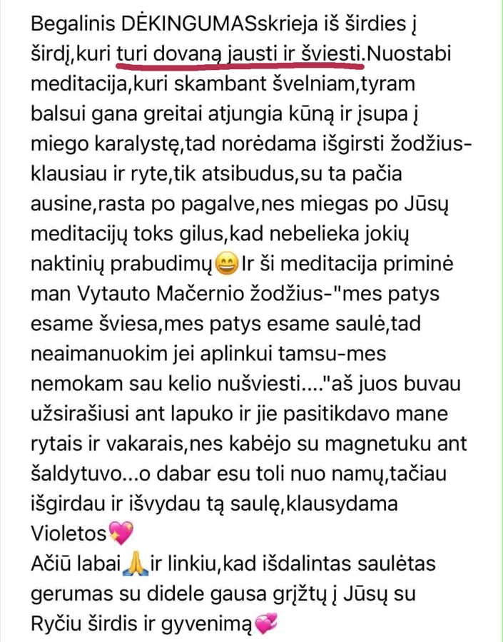 Klausytojos laiškas: miegas po Violetos meditacijų toks gilus, kad nebelieka naktinių prabudimų